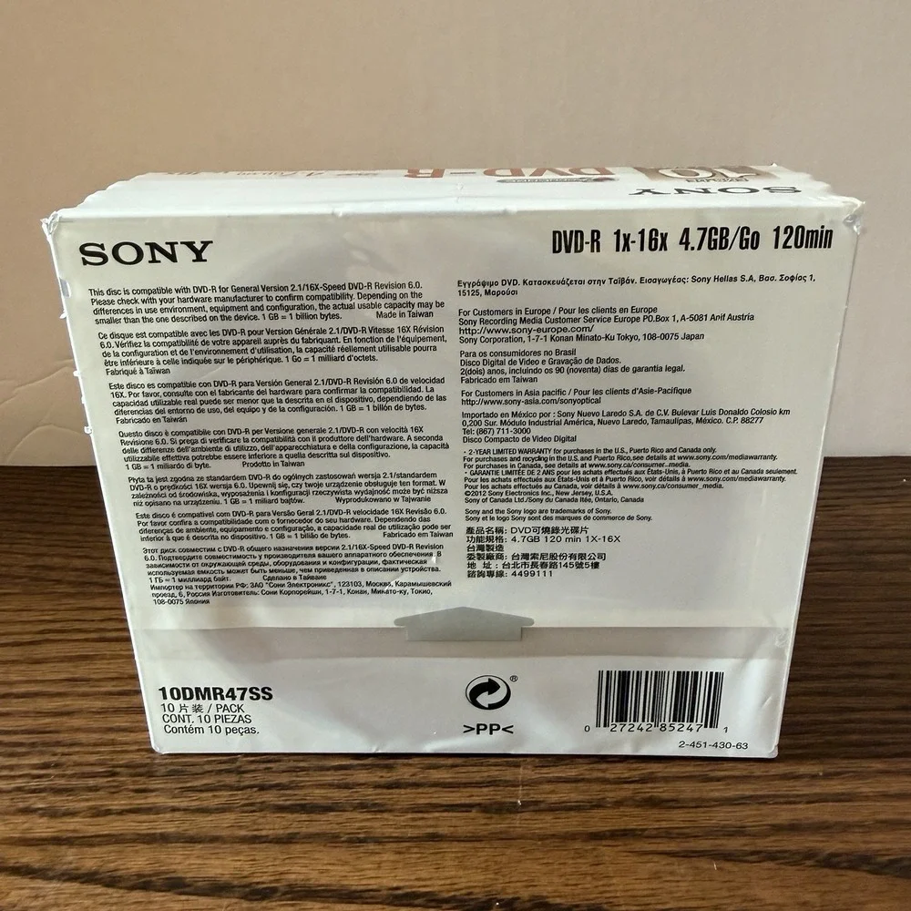 Sony DVD-R 10 Pack Recordable Blank Discs 4.7 GB 120 Min 1-16x